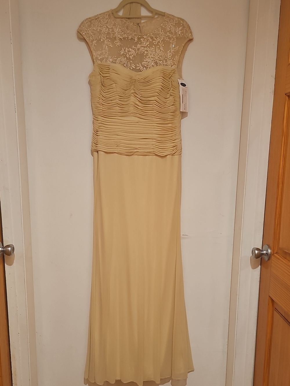 Montage by Mon Cheri Lace Yoke Pleated Bodice Maxi Dress in Cream